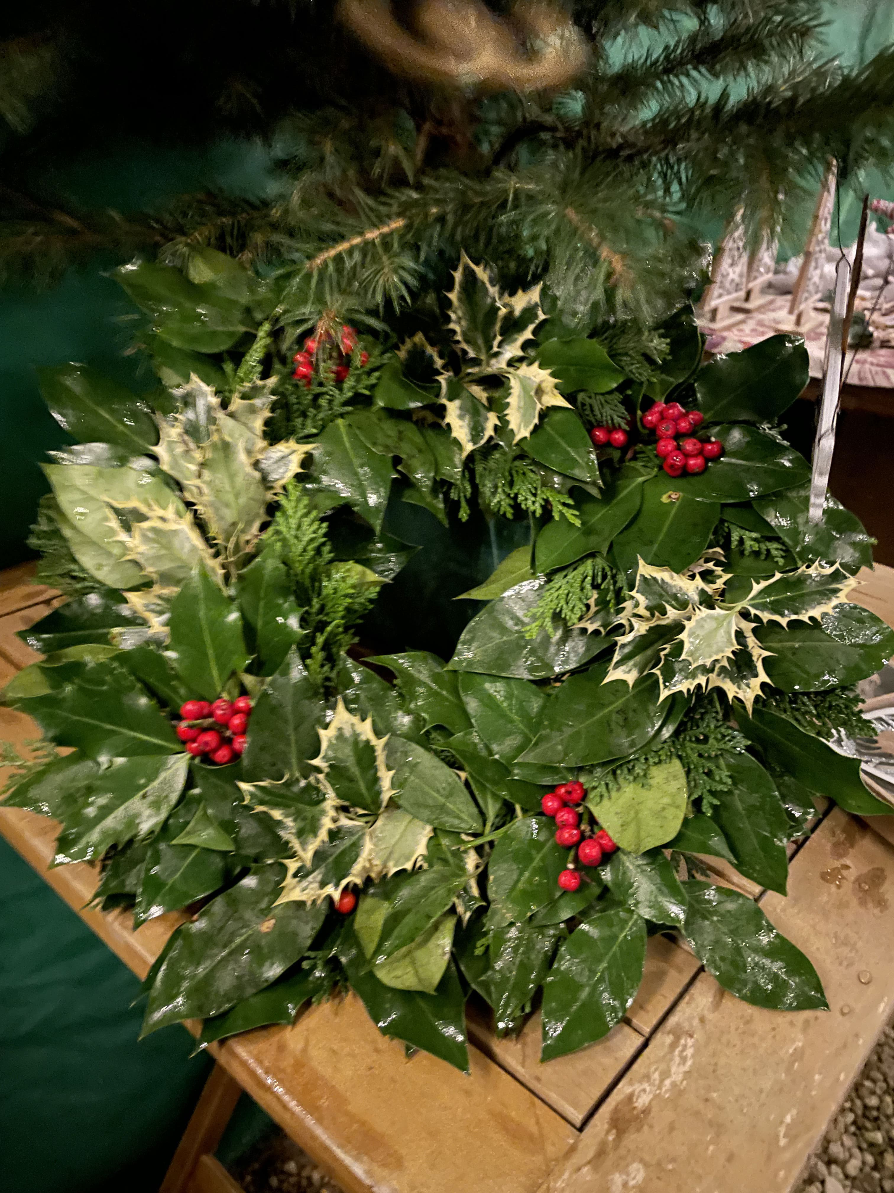 Wreath styled along a rustic table