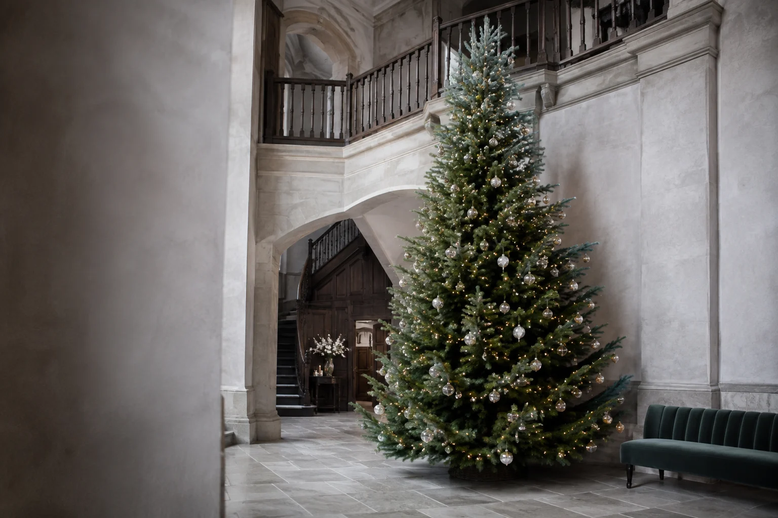 An illustrative tall Nordmann Fir in a spacious hotel interior