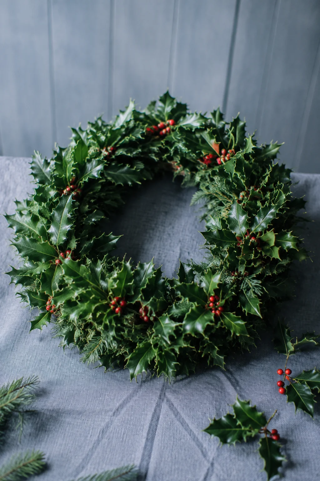A traditional holly wreath with red berries on a linen workbench