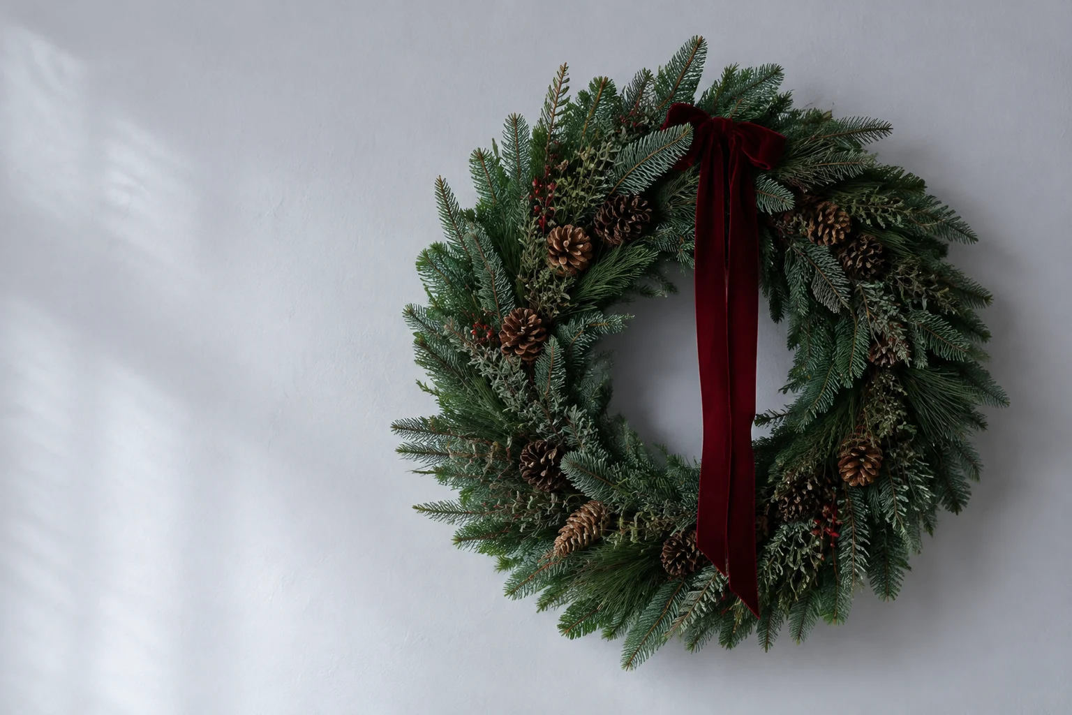 A wreath of fresh fir, pine cones and berries with a wine-red ribbon