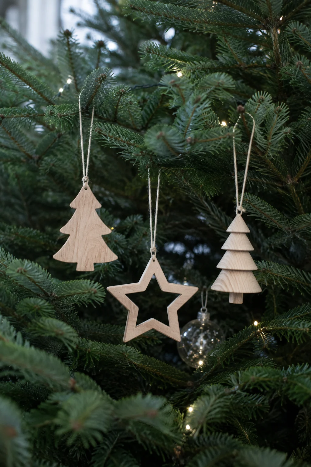 Delicate wooden stars and little tree ornaments among fir branches